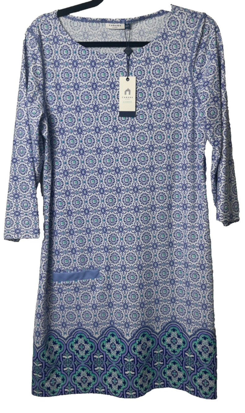 NEW Cabana Life Shift Dress L Floral Blue White UPF 50+ 3/4 Sleeve Coastal A10
